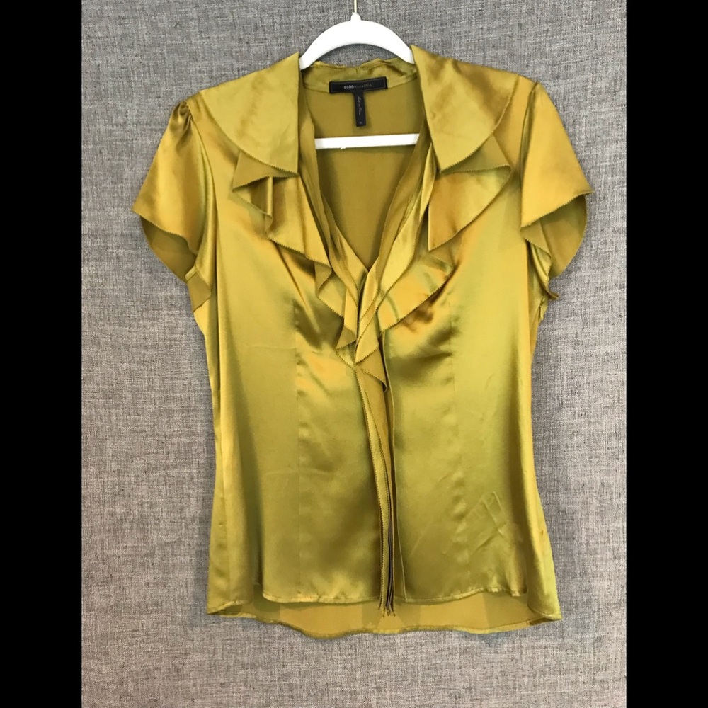BCBGMAXAZRIA blouse in a citrine/olive sheen.